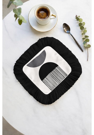 Geometrik Modern Stil Saçaklı Sunum Peçetesi - Minimalist Siyah Beyaz Etnik Bardak Altlığı Mendil Çok Renkli