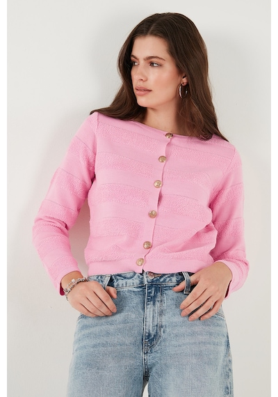 Lela Premium Regular Fit Bisiklet Yaka Düğmeli Dokulu Triko Bayan Hırka 680Hi00337 Şeker Pembe