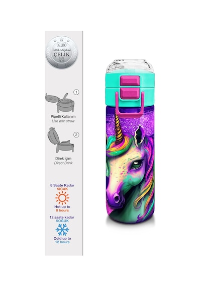 Coral High Kids Pembe Su Yeşili Unicorn Desenli Pipetli Ve Direkt İçim Çelik Termos 500 Ml 31959 Su Yeşili