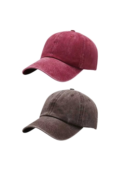 Tezzgelsin Unisex Eskitme Vintage Pamuklu Ayarlanabilir Beyzbol Kep Şapka 2'li Set Kırmızı - Kahverengi