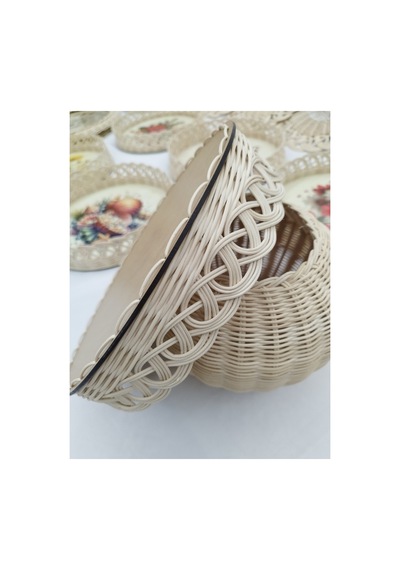 %100 Doğal El Yapımı 1. Sınıf Mdf Tabanlı Kabak & Çiçek Temalı Dekoratif Rattan Sunum Tepsisi 30 Cm, 6 Cm, 2 Mm
