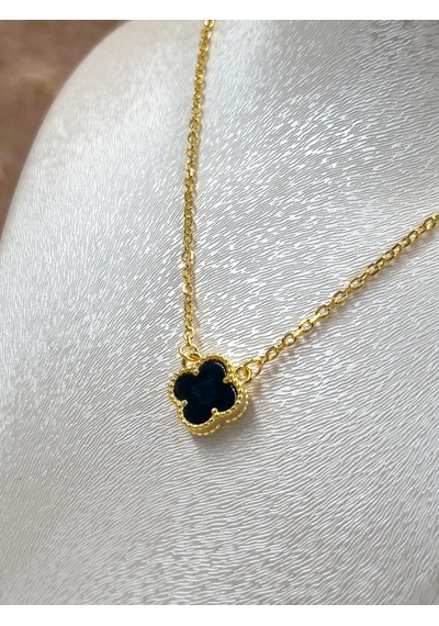 Gold Renk Siyah Onix Taşlı Yonca Kadın Gümüş Kolye - Onix Kolye Gümüş