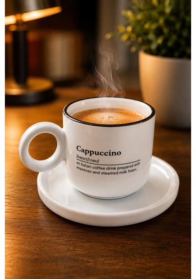 Kulplu Cappuccino Kahve Bardağı Ve Tabak Seti Modern Tasarım Seramik Kahve Kupası Kahve Sunum Seti Beyaz