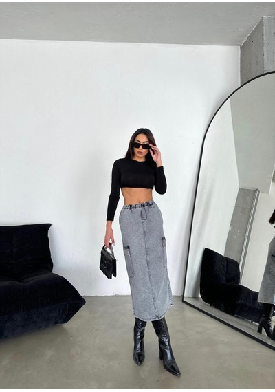Zeo Basic Kargo Cepli Bel Lastikli Maxi Denim Etek Füme Füme Kar