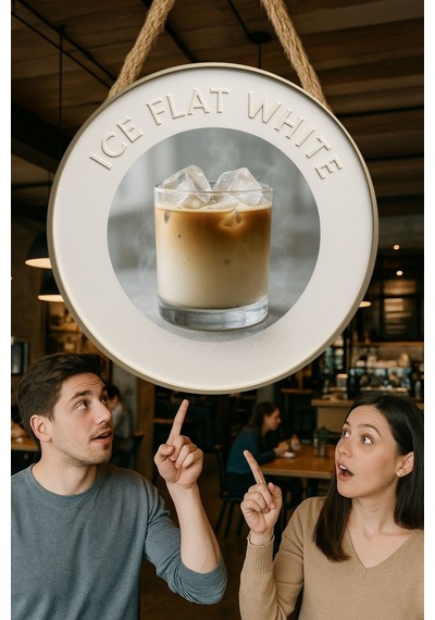 Ice Flat White Temalı Yuvarlak Cafe Tabelası, Jüt İpli Ahşap Duvar & Kapı Dekoru, Barista Süsü