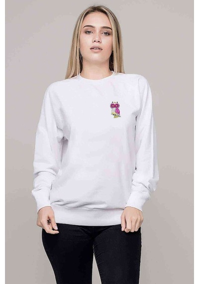 Baykuş Pembe Baskılı Beyaz Kadın Sweatshirt (528306400)