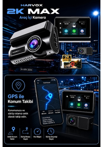 Harvox 2k Max Akıllı Araç Kamerası Ön 2k Arka Full Hd Sim Kartlı 4g Bağlantılı Çift Yönlü Ses G-sens