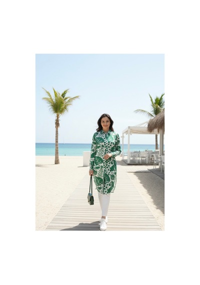 Polologin Butik Botanica" Serisi: Yeşil Yaprak Desenli Yazlık Tunik Yeşil
