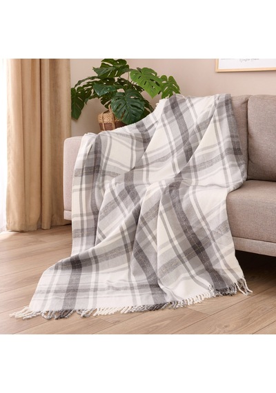 Soft Sim İp Detaylı Skoç Koltuk Şalı - Gri - 130x170 Cm Renkli