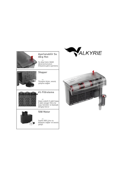 Valkyrie Askılı Akvaryum Şelale Filtre 10w 800 L/h 6 Lı Filtre Yüzey Temizleyici