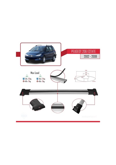 Peugeot 206 Estate 2002-2008 Arası İle Uyumlu Fly Model Ara Atkı Tavan Barı Gri