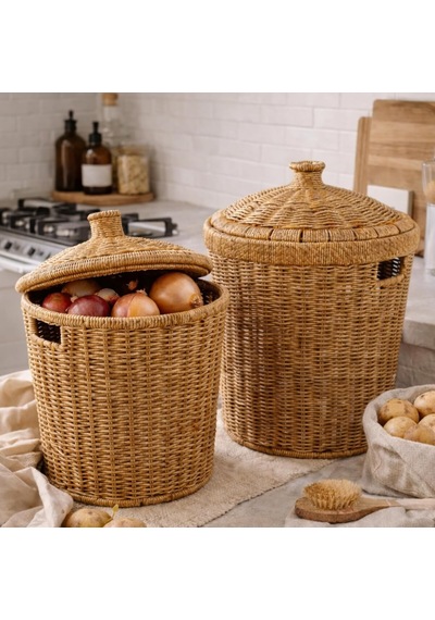 Kapaklı Rattan Patates Soğan Saklama Sepeti 2 Li Set Kiler/mutfak Organizer, Doğal Hasır Görü Kahverengi
