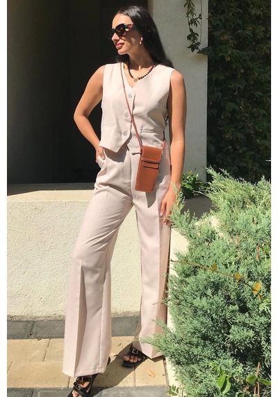 4 Sisters Fashion Bej Yelek Pantolon Takım - Bej 4 Sisters Fashion Bej Yelek Pantolon Takım - Bej