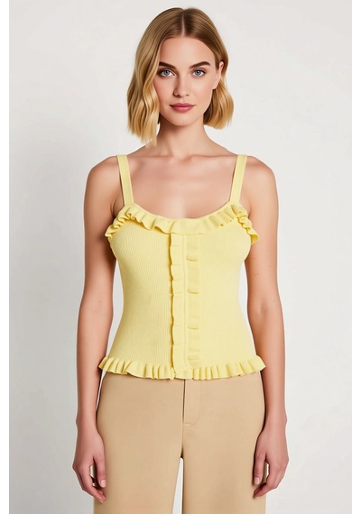 Benerly Kadın Bluz Crop Havuz Yaka Kolsuz Fitted Kesim İnce Triko Düz Des Sarı