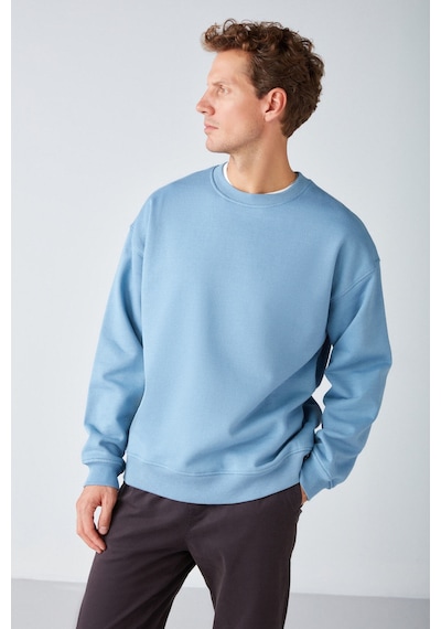 Grimelange Stephan Erkek Yumuşacık Kışlık Kumaşlı 3 Iplik Organik Pamuk Örme Oversize Mavi Sweatshirt