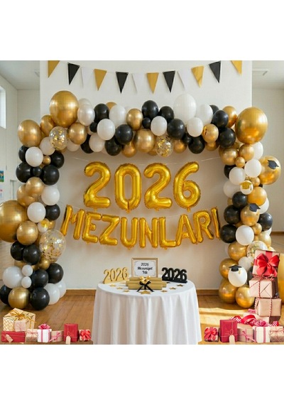 2026 Mezunları Gold Folyo Harf Beyaz Siyah Gold Balon Mezuniyet Temalı Süsleme Altın - Beyaz - Siyah
