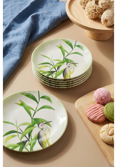 Grandora Bambu & Turna Desenli 20 Cm, 6 Lı Set Pasta Tabağı Dekoratif Sunum, Pasta, Tatlı Servis Tabağı Yeşil