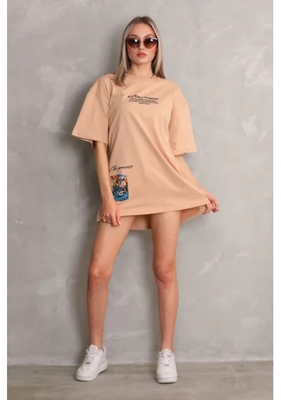 Hazego Unisex Bisiklet Yaka Baskılı Oversize T-shirt - Bej