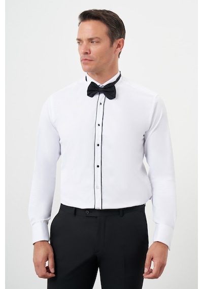 Morven Erkek Siyah Biyeli Düz Desen Ata Yaka Slim Fit Gömlek Siyah