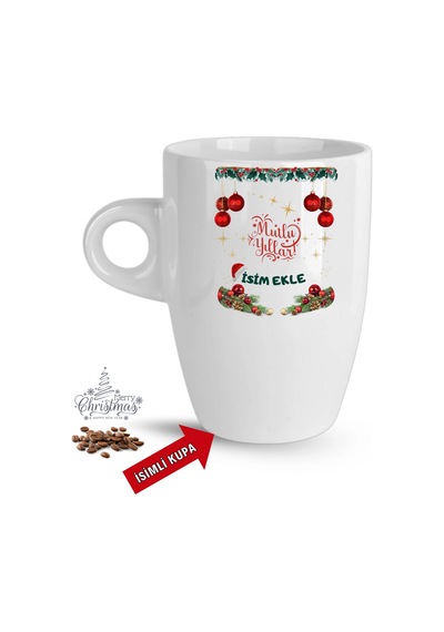 Yılbaşı Hediyesi Mutlu Yıllar Christmas İsimli Baskılı Porselen Latte Kupa Bardak Beyaz Beyaz
