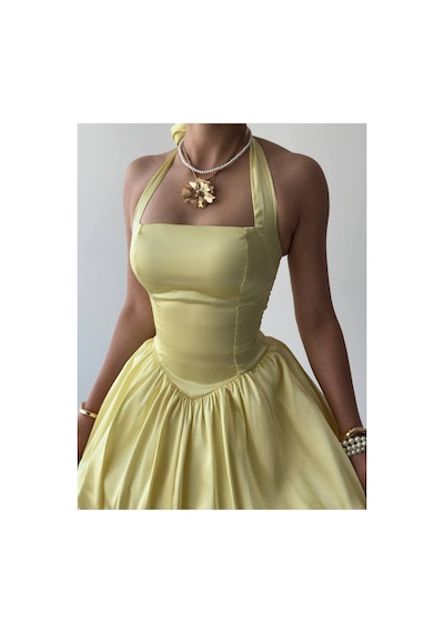 Mayrem Kadın Saten Halter Yaka Balon Mini Elbise Sarı Mayrem Kadın Saten Halter Yaka Balon Mini Elbise Sarı
