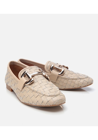 Hotiç Kadın Deri Bej Örgü Detaylı Tokalı Klasik Loafer