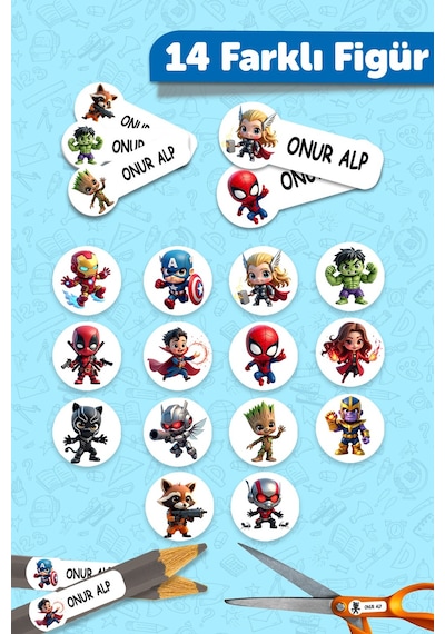 Okul Etiketi Kalem Defter İsimli Etiket Isim Yazılabilen Marvel - 190 Adet Özel Tasarım Çok Renkli