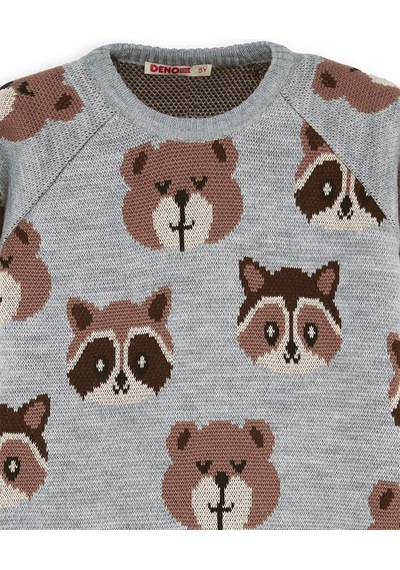 Denokids Erkek Çocuk Kışlık Hayvan Desenli Triko Gri Uzun Kollu Kazak 2-7 Yaş
