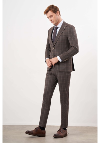 Morven Erkek Kahve Poliviskon Trend Yelekli Ekoseli Slim Fit Sivri Yaka Takım Elbise 24mc001130400 Kahve