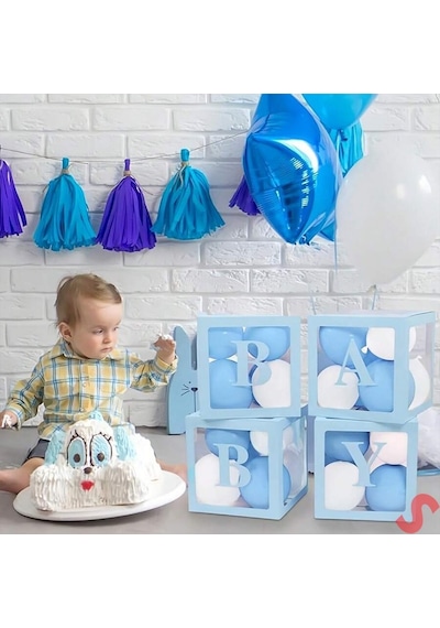 Baby Yazılı Şeffaf Balon Kutusu, 30cm X 4 Adetli Set - Mavi