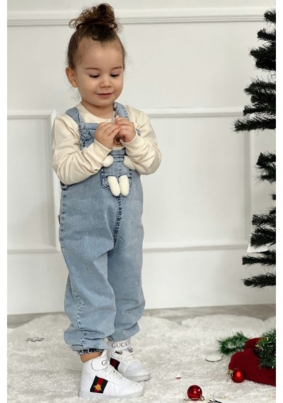 Unisex Çocuk Askısı Bağlamalı Teddy Oyuncaklı 2'li Kot Salopet 001
