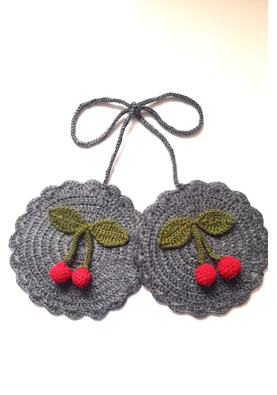 El Örgüsü Amigurumi Kiraz Motifli Fırın Tutacagı Gri - Koyu Gri
