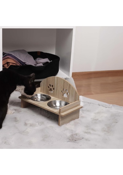 Gobypet Ahşap Kedi Mama Ve Su Kabı İle Paspası, Çift Hazneli Metal Mama Ve Su Kabı, Çift Hazneli Köpek Mama Kabı