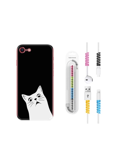 Apple Uyumlu iPhone 7 8 Kılıf Kablo Koruyuculu Şaşkın Kedi 1900