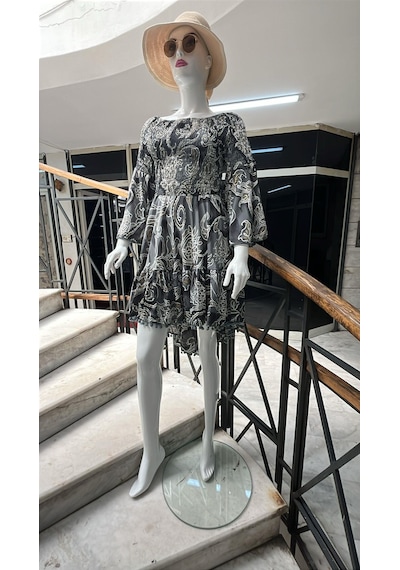 Eren Style Yapraklı Desenli Madonna Yaka İpek Elbise-10348 Gri