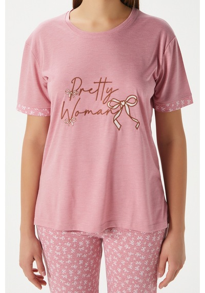 Ritnice Kadın Pretty Woman Viskon Bisiklet Yaka Kısa Kol Pembe Alt Üst Pijama Takımı Pembe
