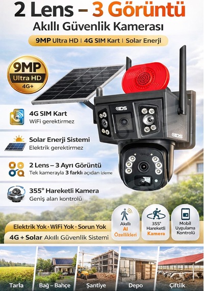 2 Lens 3 Görüntü 9mp 360 4g Solar Güneş Enerjili Kamera - Güvenlik Kamerası Dual Led Gece Renkli