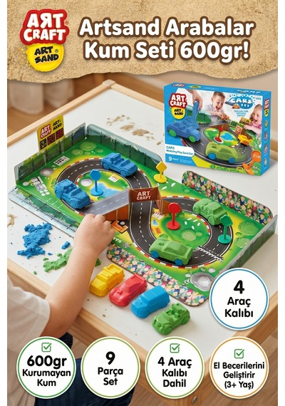 Art Craft 600 Gr Arabalar Kinetik Kum Seti - Kurumayan Oyun Kumu 9 Parça Eğitici Oyuncak Çok Renkli