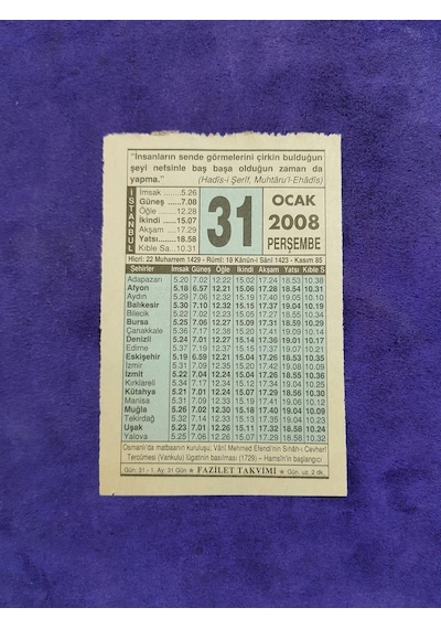31 Ocak 2008 Takvim Yaprağı - Nostaljik Koleksiyonluk Takvim Yaprağı