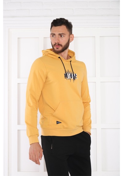 Escetic Spor Erkek Hardal Cepli, Kapüşonlu Sweatshirt-4169 Hardal