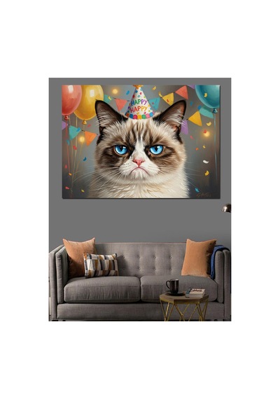 Doğum Günü Şapkalı Huysuz Kedi Yağlı Boya Dokulu Kanvas Tablo Canvas Tablosu