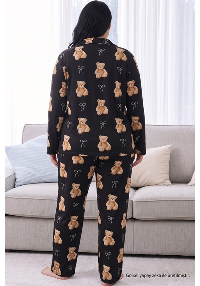 Siyah İnci Siyah Ayıcık Desenli Termal Kumaşlı Ultra Soft Yumuşak Büyük Beden Battal Boy Düğmeli Örme Pijama Takımı Siyah İnci Siyah Ayıcık Desenli Termal Kumaşlı Ultra Soft Yumuşak Büyük Beden Battal Boy Düğmeli Örme Pijama Takımı