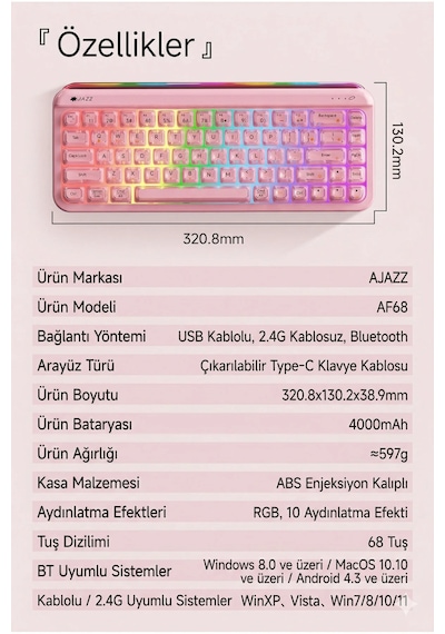 Af68 Kablosuz 3 Modlu Rgb Membran Klavye- Çift Katmanlı Tuş Kapağı-4.000 Mah Batarya