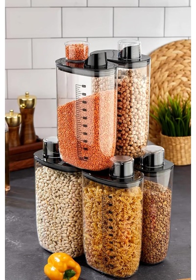 6'lı Vakumlu Hava Geçirmez Ölçekli Siyah Saklama Kabı Seti - 2000 Ml Ölçü Kapaklı Bakliyat Kabı Seti