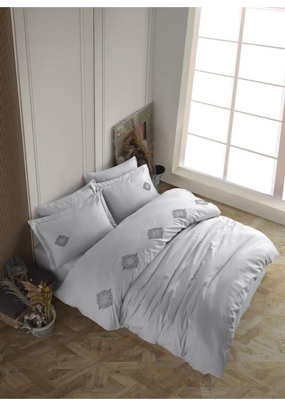 Çift Kişilik Poplin Premium Nakışlı Nev Azra Gri Renkli