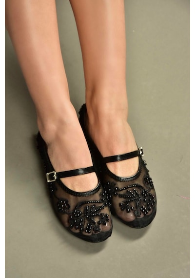 Fox Shoes Y726330115 Siyah İnci Detaylı File Kadın Babet