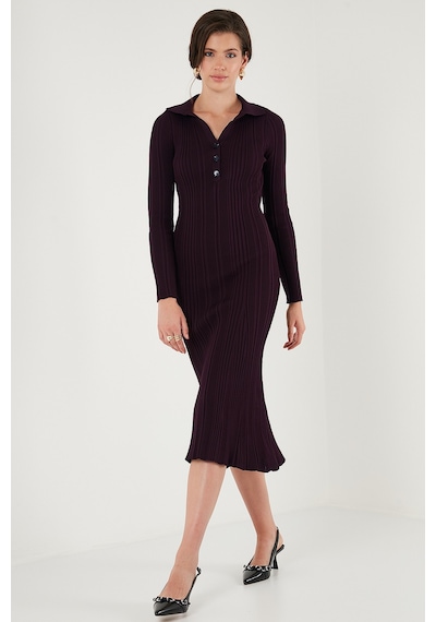 Lela Premium Fitilli V Yaka Slim Fit Midi Boy Triko Bayan Elbise 680El00282 Mürdüm