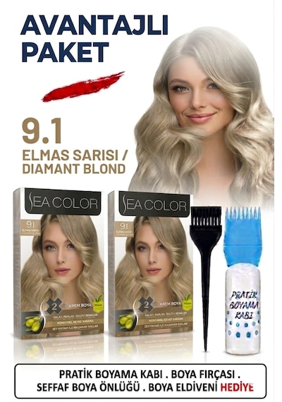 Sea Color Set Saç Boyası 9.1 Elmas Sarısı 2 Li 2 Kutu+pratik Boya Kabı