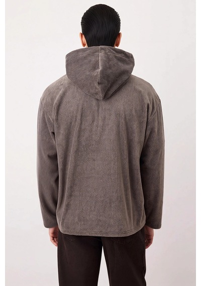 Benerly Erkek Kapüşonlu Standart Kol Fitilli Kadife Oversize Kalıp Sweats Antrasit