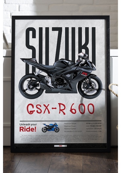 Suzuki Gsx-r 600 Siyah Ahşap Çerçeveli Poster, Dekoratif Motosiklet Duvar Tablosu